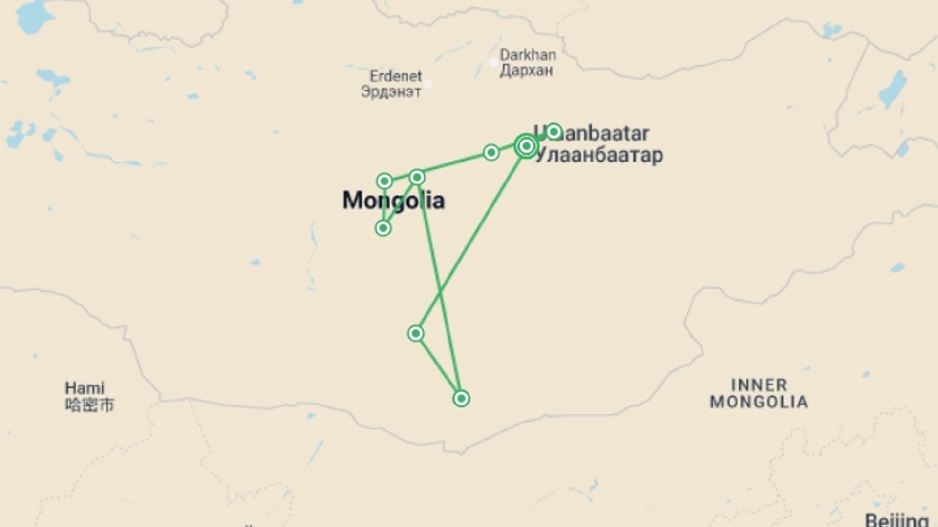 A map showing the tour itinerary for the trip: Discover Mongolia - Naadam Festival, starting in Ulaanbaatar, Mongolia and ending in Ulaanbaatar, Mongolia going through 7 other destinations.
