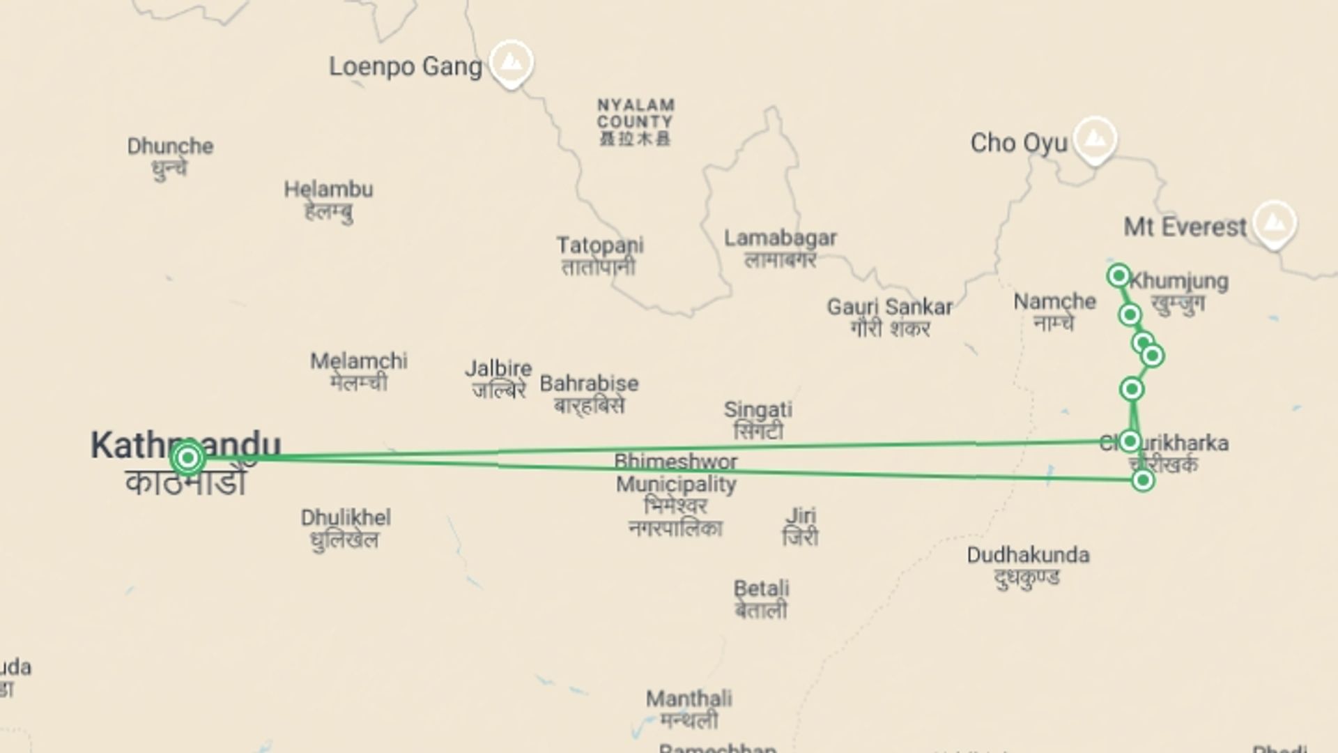 A map showing the tour itinerary for the trip: Gokyo Lake Trekking, starting in Kathmandu, Nepal and ending in Kathmandu, Nepal going through 8 other destinations.