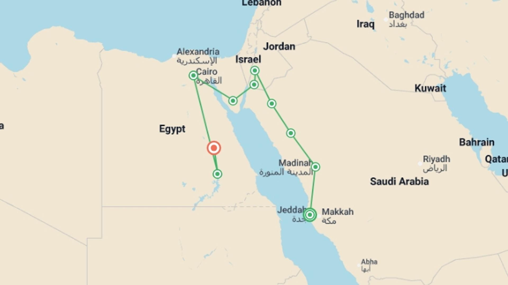 A map showing the tour itinerary for the trip: Arabia, Jordan and Secrets of the Nile, starting in Jeddah, Saudi Arabia and ending in Luxor, Egypt going through 8 other destinations.
