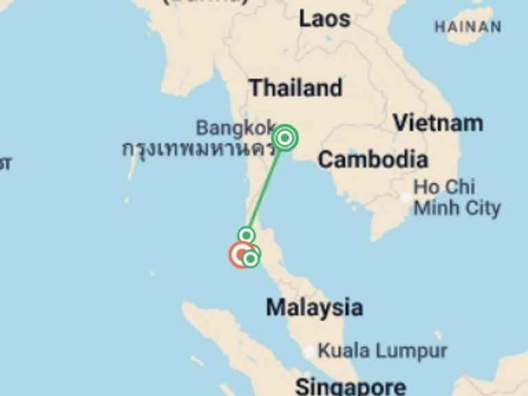 Map itinerary of South East Asia Tour in April 2027 with 5 destination visits for the trip: Thailand Island Adventure