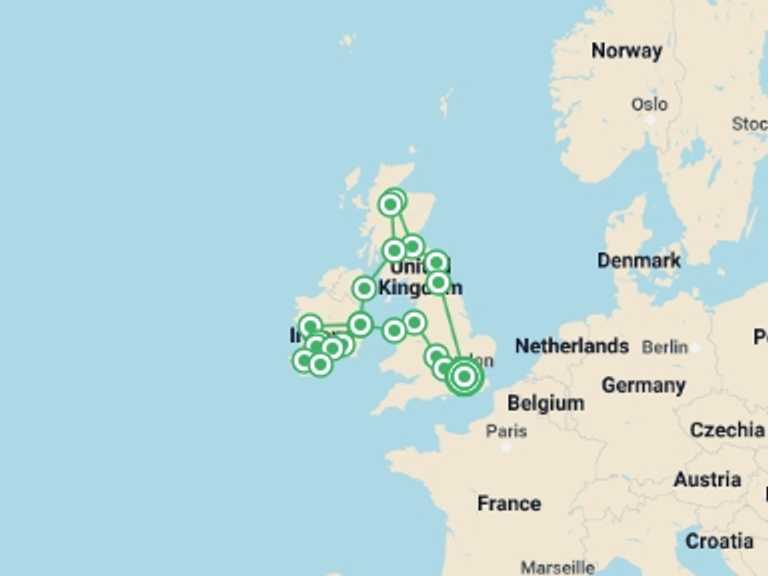 Map of Glasgow City sightseeing Tour with 11 destination visits for the trip: Treasures Of England Scotland and Ireland