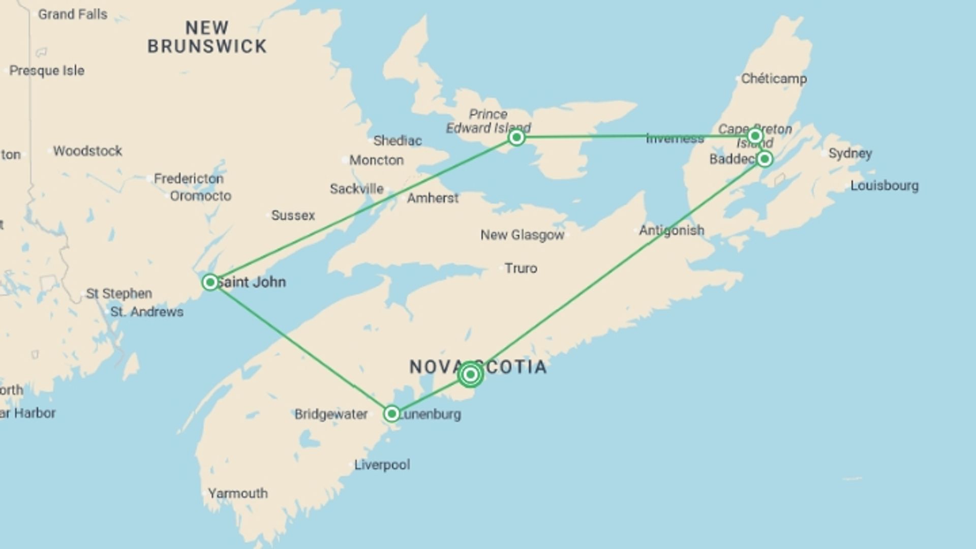 A map showing the tour itinerary for the trip: Enchanting Canadian Maritimes, starting in Halifax, Canada and ending in Halifax, Canada going through 5 other destinations.