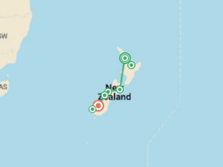 Map of New Zealand Tour with 7 destination visits for the trip: Solo-ish New Zealand