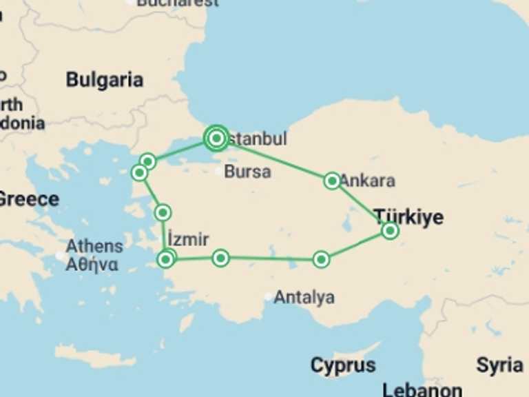 Map itinerary of Europe Tour in April 2027 with 8 destination visits for the trip: Highlights of Turkey