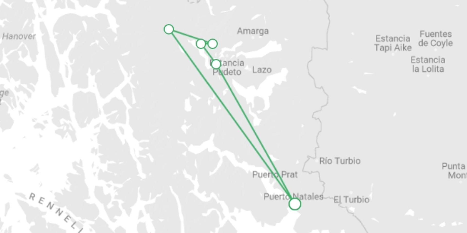 A map showing the tour itinerary for the trip: Express W Circuit in Torres del Paine, starting in Puerto Natales, Chile and ending in Puerto Natales, Chile going through 4 other destinations.
