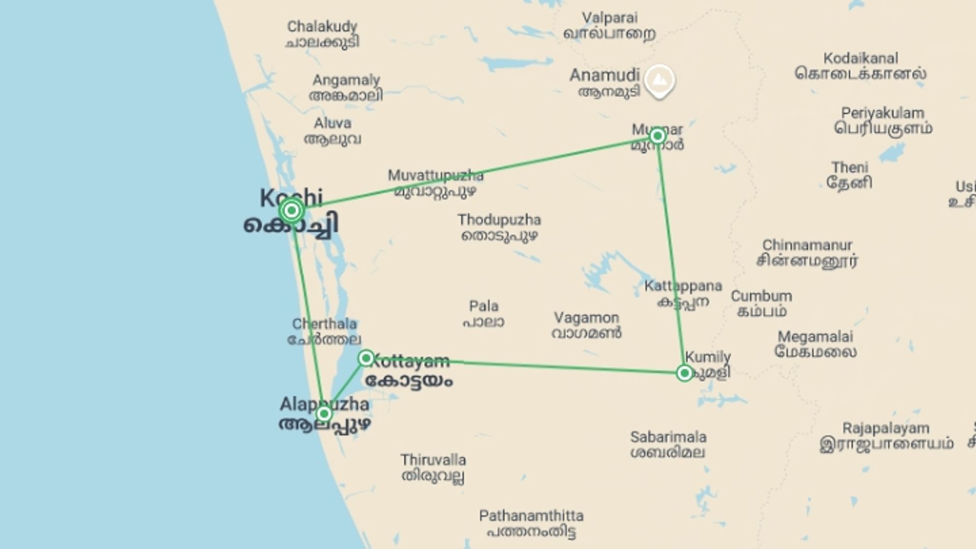 A map showing the tour itinerary for the trip: Kochi & Kerala Loop - 8 days, starting in Kochi, India and ending in Kochi, India going through 5 other destinations.