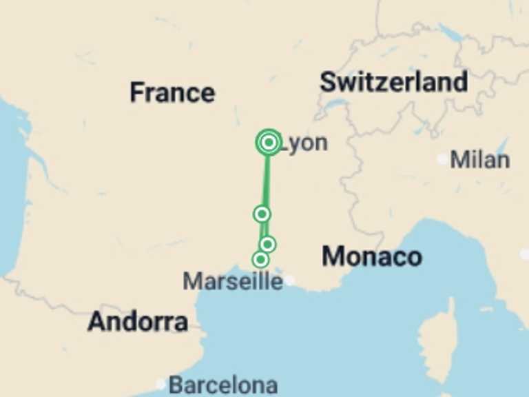 Map itinerary of France Tour in November 2026 with 5 destination visits for the trip: Along the Rhône between Lyon, the Camargue and Provence, with a COMPLIMENTARY dinner at the Abbaye de Collonges ¿ Paul Bocuse (port-to-port cruise)