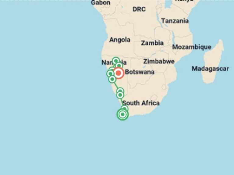 Map itinerary of Namib Desert Tour in October 2026 with 10 destination visits for the trip: Cape Town to Namibia Overland Safari & Participation Camping