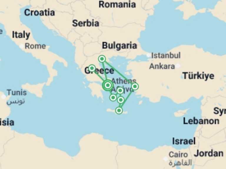 Map of Heraklion Tour with 8 destination visits for the trip: Greece & Idyllic Aegean Cruise - 11 days