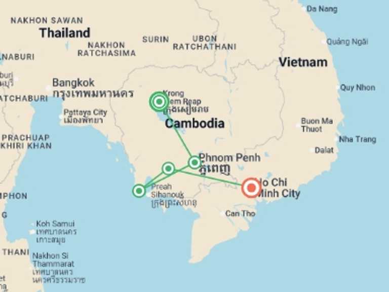 Map itinerary of Ho Chi Minh City Tour in Winter with 5 destination visits for the trip: Cambodia to Vietnam: Temples, Koh Rong Beaches & Big City Buzz