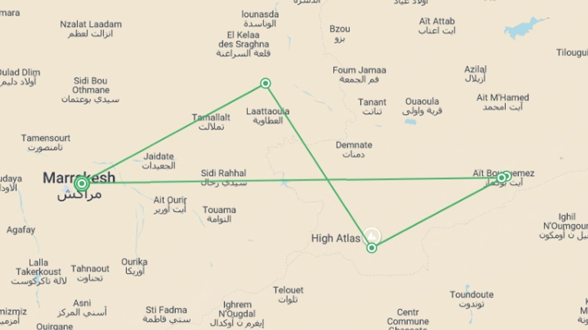 A map showing the tour itinerary for the trip: Marrakech & High Atlas Trek - 8 days, starting in Marrakech, Morocco and ending in Marrakech, Morocco going through 4 other destinations.