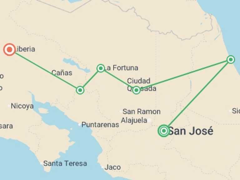 Map itinerary of South America Tour in February 2027 with 6 destination visits for the trip: Signature: Costa Rica's Tortuguero, Arenal & Cloud Forests