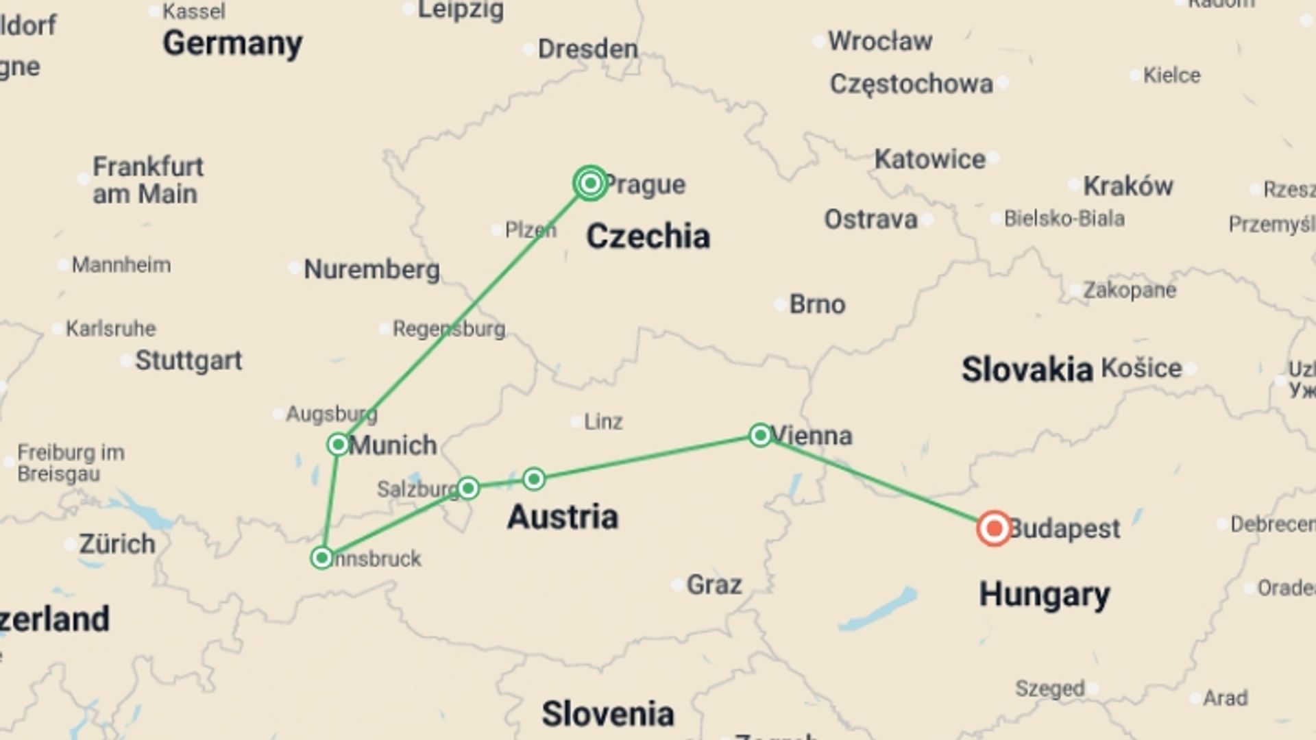 A map showing the tour itinerary for the trip: Eastern Whispers, starting in Prague, Czech Republic and ending in Budapest, Hungary going through 3 other destinations.