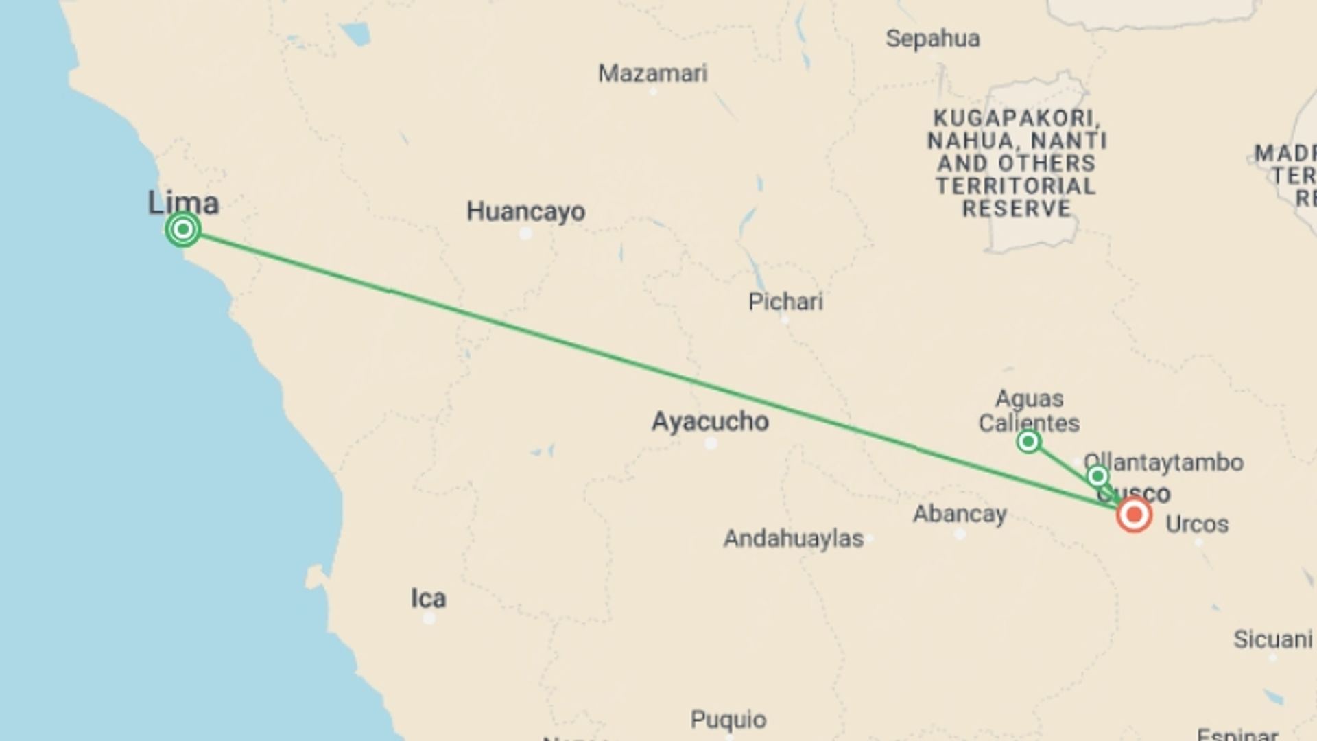A map showing the tour itinerary for the trip: Inca Journey, Private Tour, starting in Lima, Peru and ending in Cusco, Peru going through 1 other destinations.