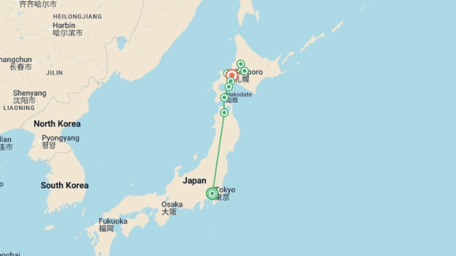 A map showing the tour itinerary for the trip: Northern Japan & Hokkaido Adventure, starting in Tokyo, Japan and ending in Sapporo, Japan going through 6 other destinations.