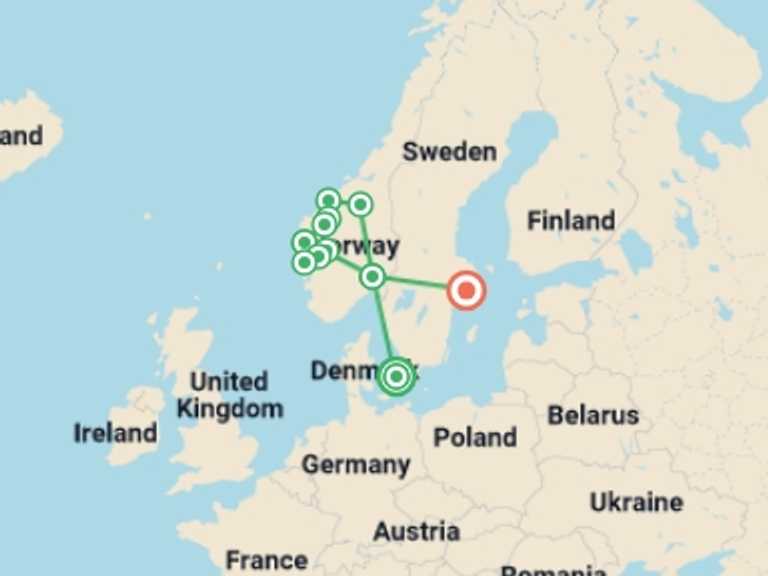 Map itinerary of Scandinavia Tour in Summer with 8 destination visits for the trip: Norwegian Fjords With Copenhagen And Stockholm