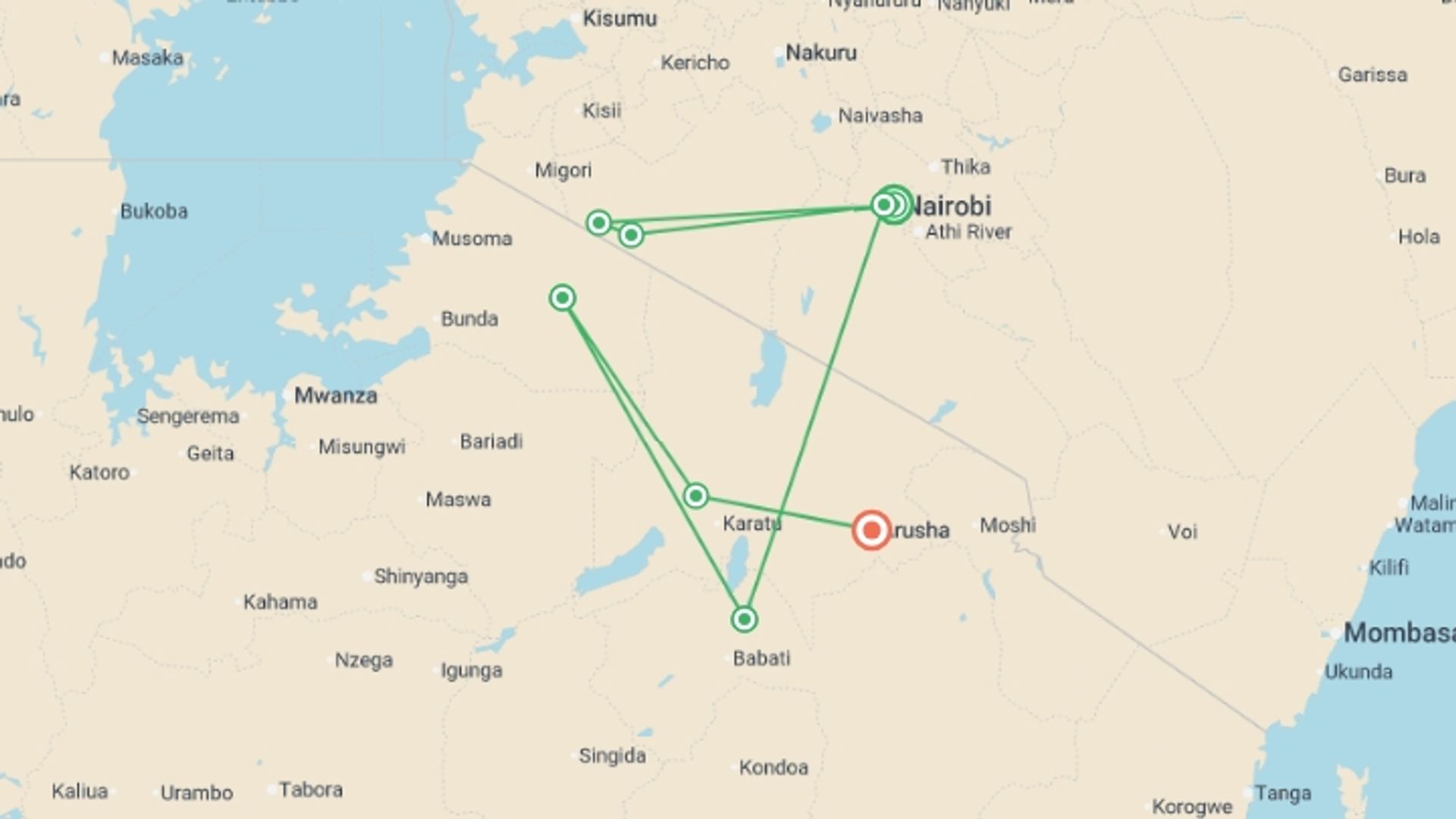 A map showing the tour itinerary for the trip: Kenya and Tanzania Safari 35 to 45, starting in Nairobi, Kenya and ending in Arusha, Tanzania going through 5 other destinations.
