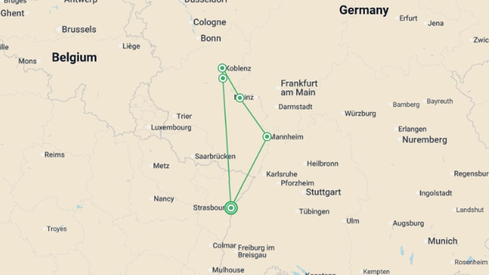 A map showing the tour itinerary for the trip: The Rhine in flames, an incredible spectacle on the water (port-to-port cruise), starting in Strasbourg, France and ending in Strasbourg, France going through 3 other destinations.