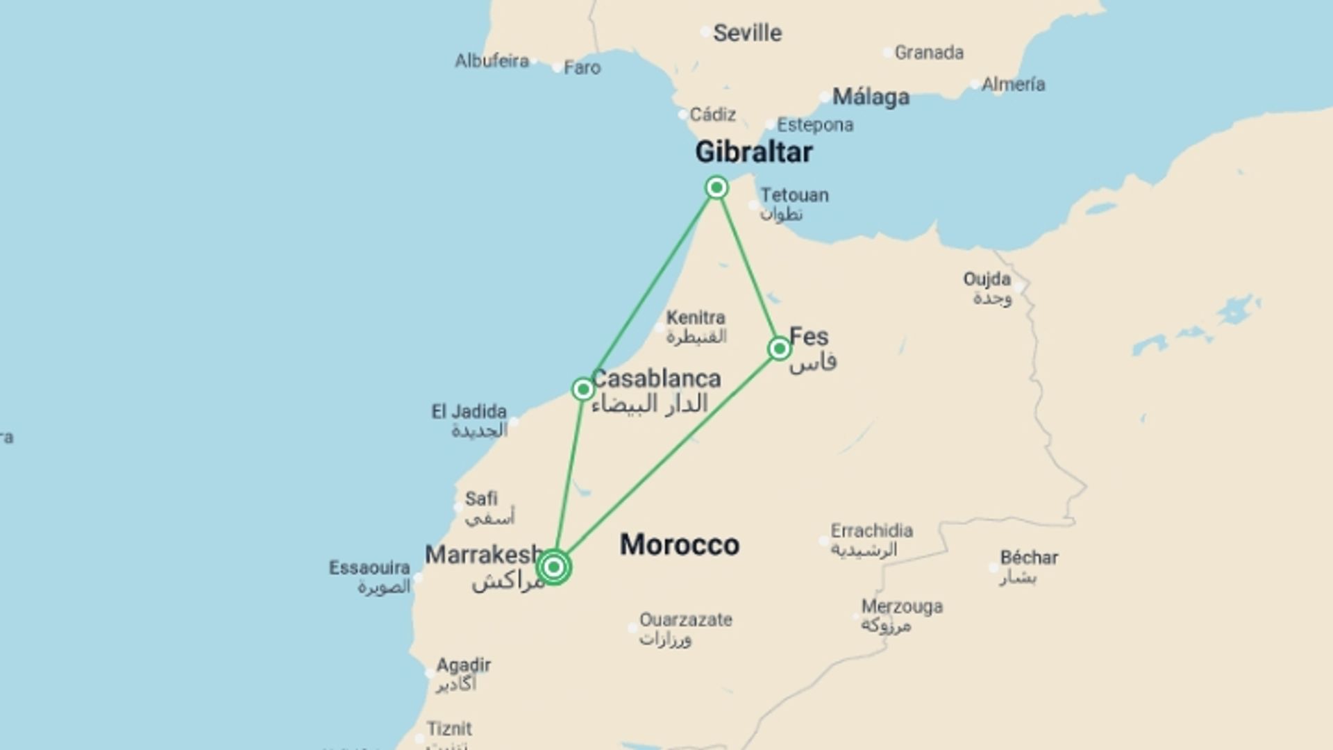 A map showing the tour itinerary for the trip: Marrakech & Imperial Morocco (Superior) - 8 days, starting in Marrakech, Morocco and ending in Marrakech, Morocco going through 3 other destinations.