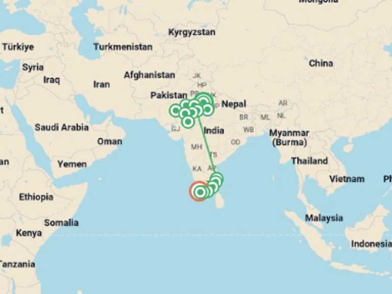 Map itinerary of Asia Tour in October 2026 with 16 destination visits for the trip: Delhi, Taj & Kochi - 24 days