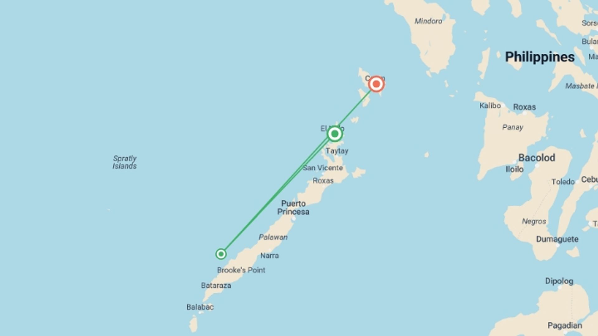 A map showing the tour itinerary for the trip: Philippines Island Hopping: El Nido, Coron & Beach Bonfires, starting in El Nido, Philippines and ending in Coron, Philippines going through 1 other destinations.
