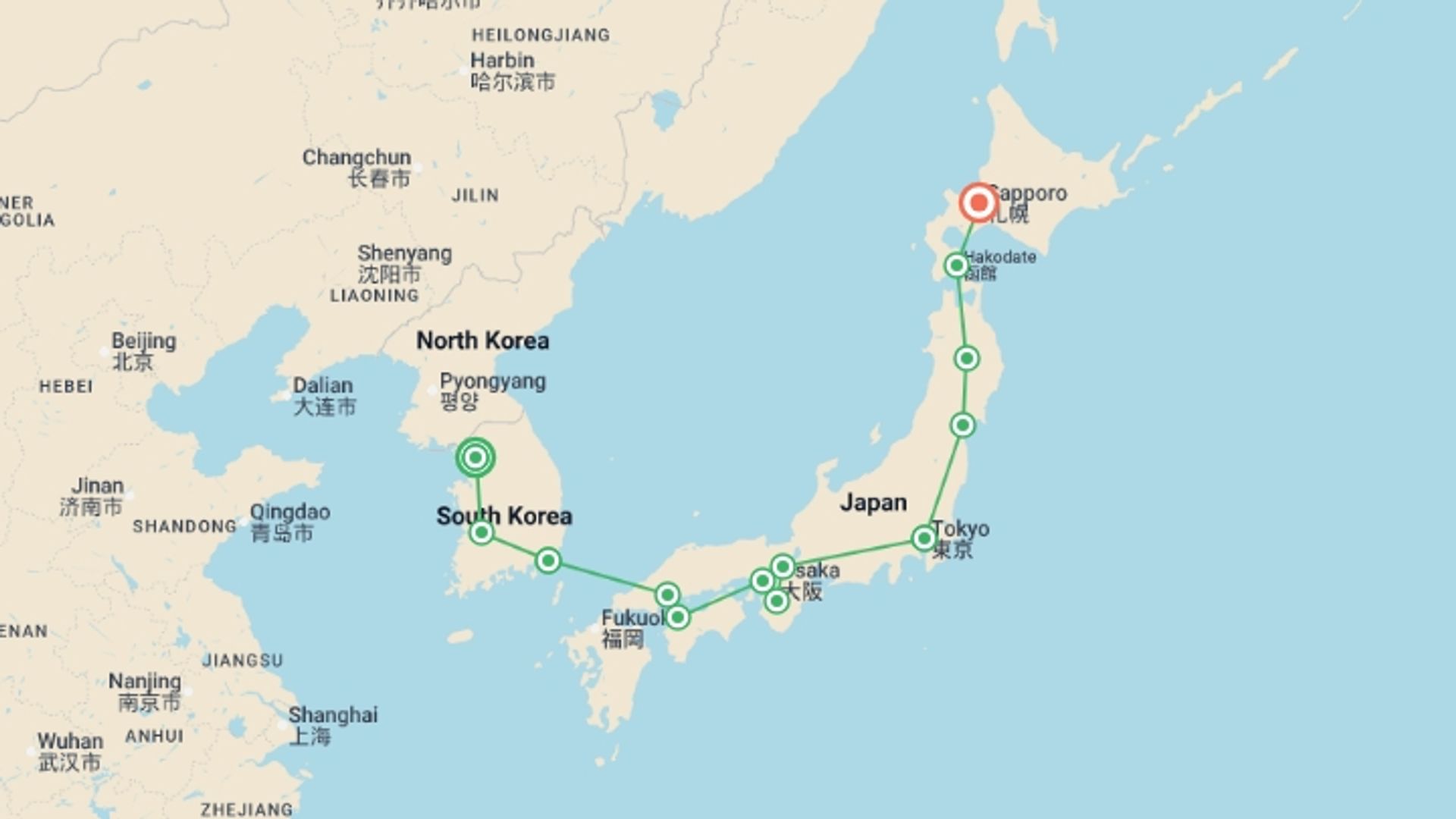 A map showing the tour itinerary for the trip: Classical Korea and Japan, starting in Seoul, South Korea and ending in Sapporo, Japan going through 11 other destinations.
