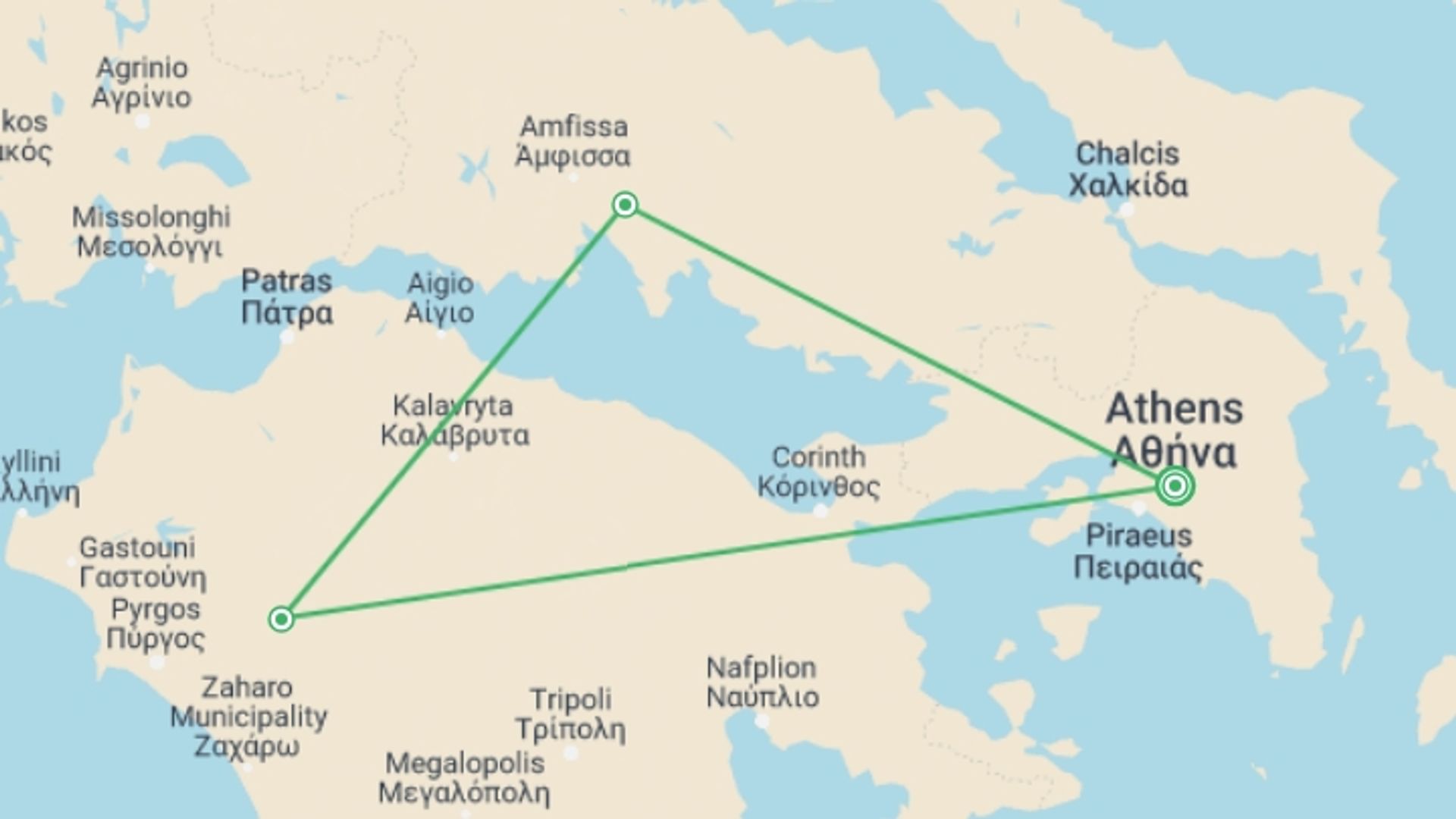 A map showing the tour itinerary for the trip: 3 Days Classical Tour Epidavros, Mycenae, Olympia, Delphi, starting in Athens, Greece and ending in Athens, Greece going through 2 other destinations.