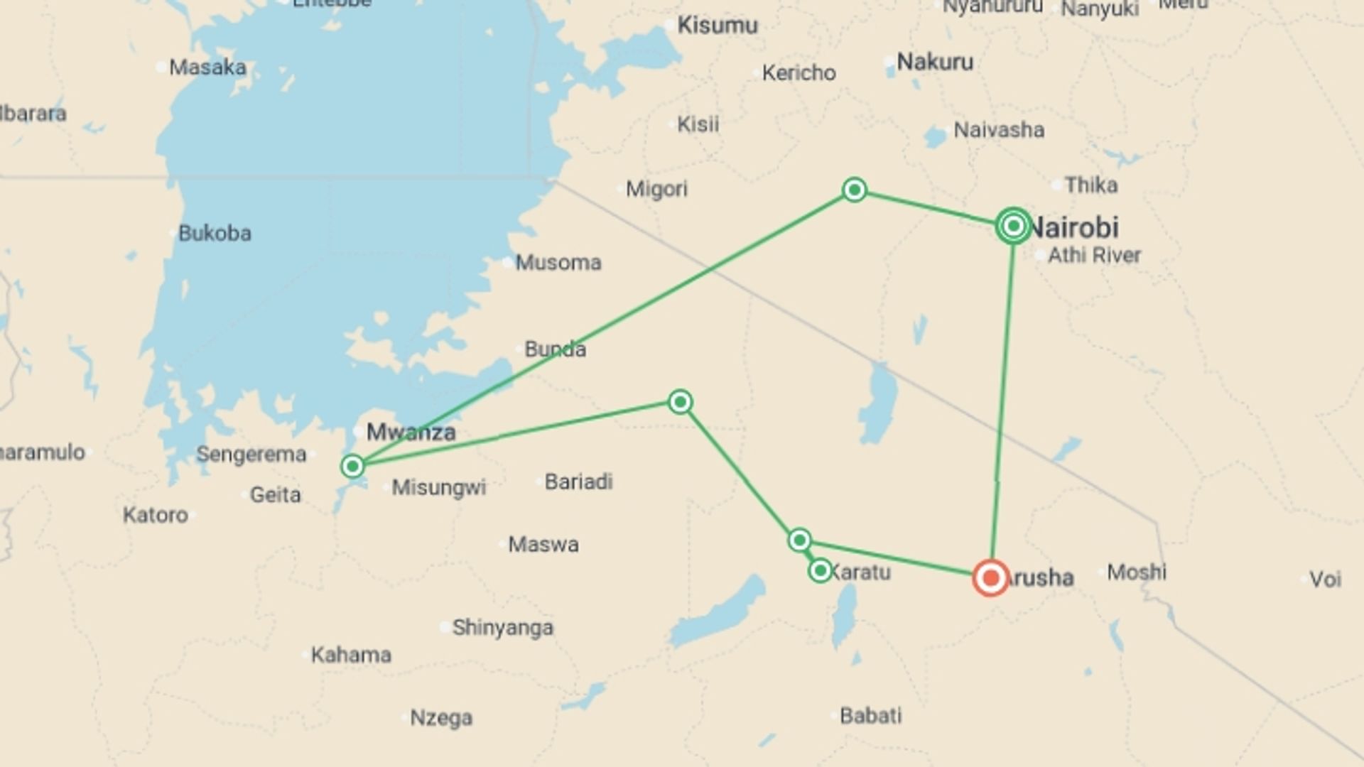 A map showing the tour itinerary for the trip: East Africa Highlights, starting in Nairobi, Kenya and ending in Arusha, Tanzania going through 4 other destinations.