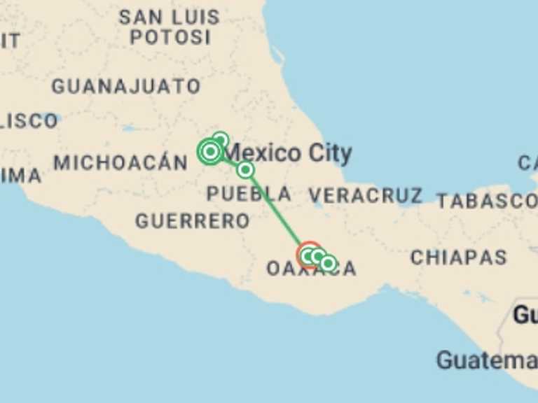 Map of a Art and architecture Tour with 3 destination visits for the trip: 10-day Flavors And Colors Of Mexico