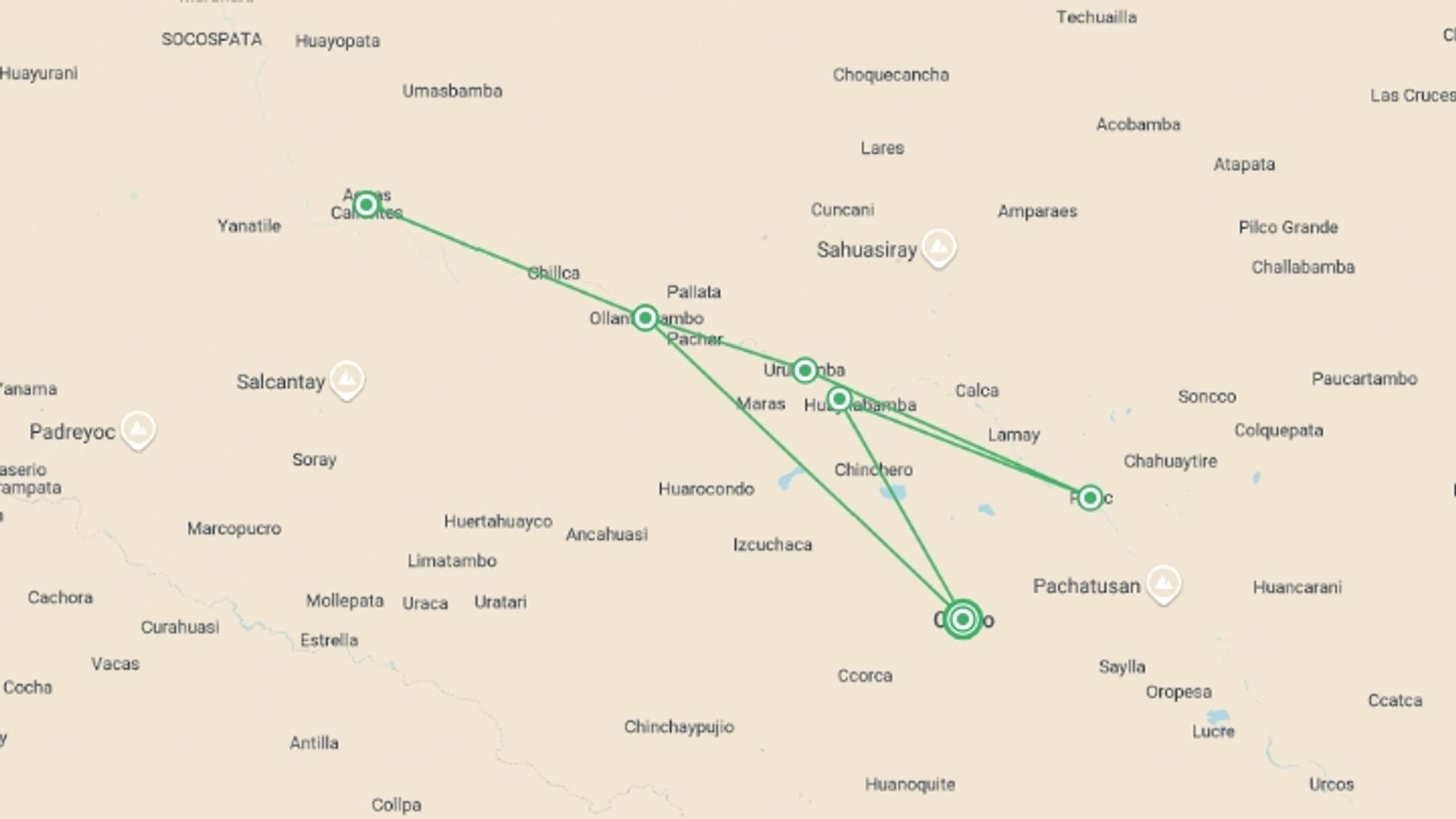A map showing the tour itinerary for the trip: Sacred Valley Train to Machu Picchu 2D/1N, starting in Cusco, Peru and ending in Cusco, Peru going through 3 other destinations.