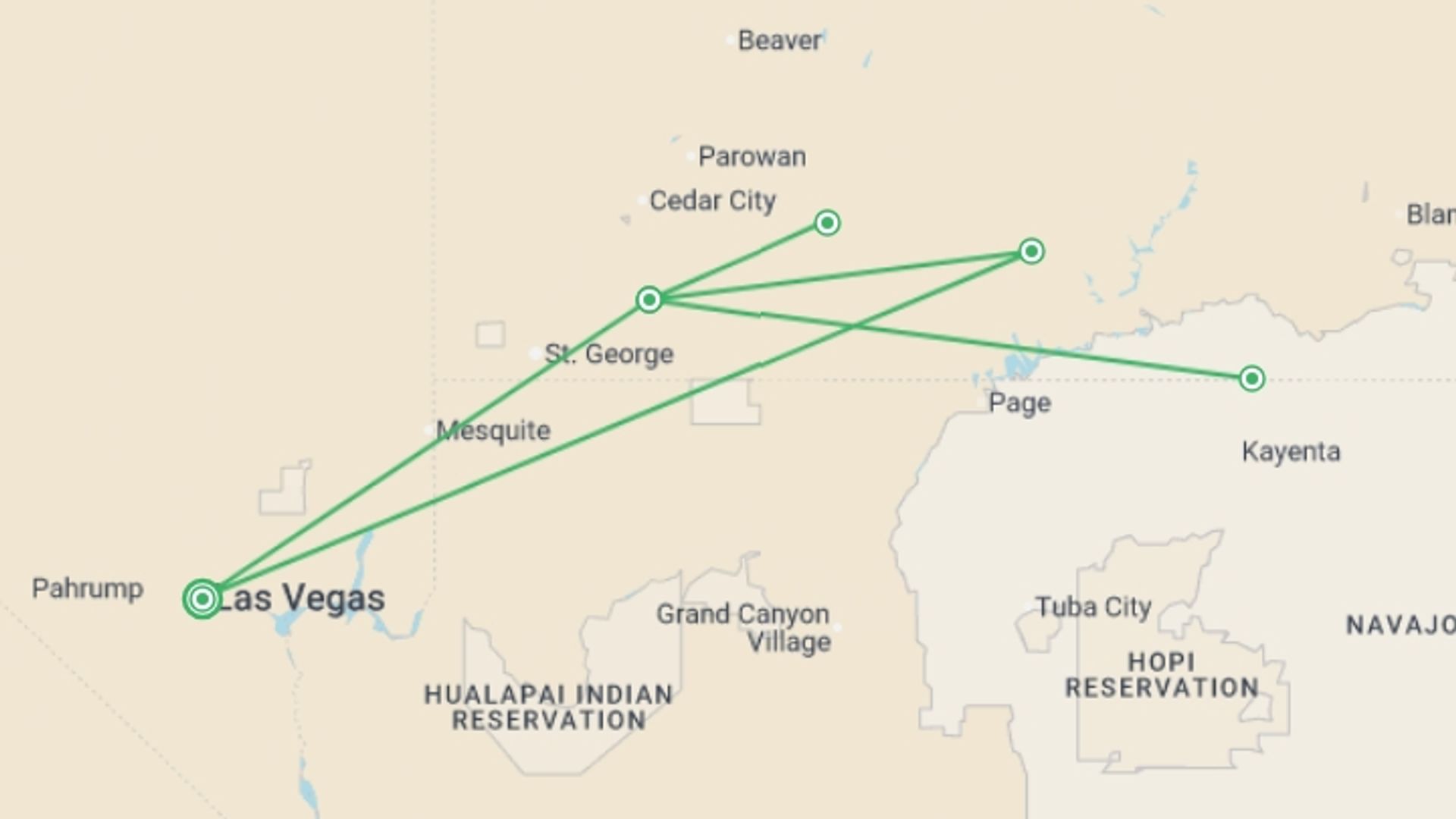 A map showing the tour itinerary for the trip: Zion Glamping Adventure, starting in Las Vegas, USA and ending in Las Vegas, USA going through 1 other destinations.