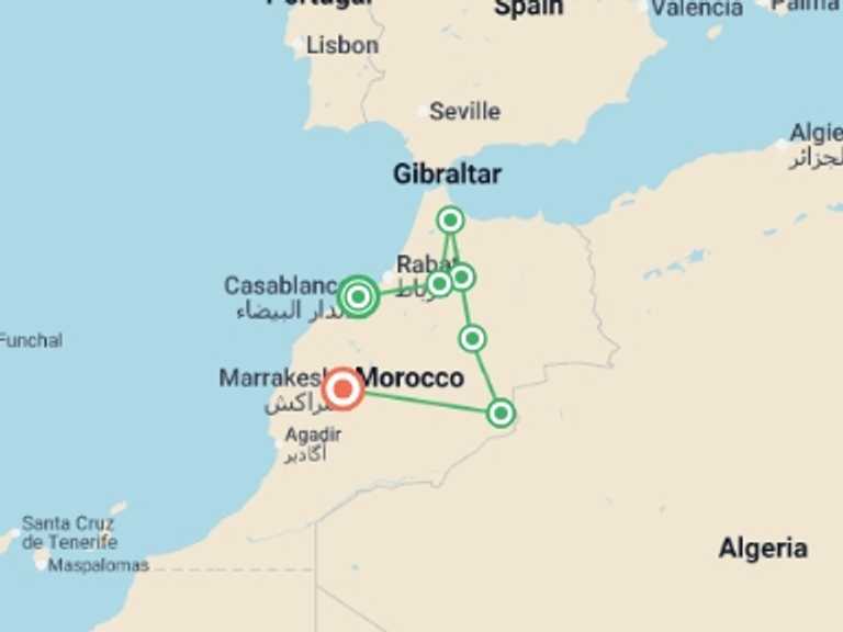 Map itinerary of North Africa Tour in August 2026 with 7 destination visits for the trip: Morocco Real Food Adventure