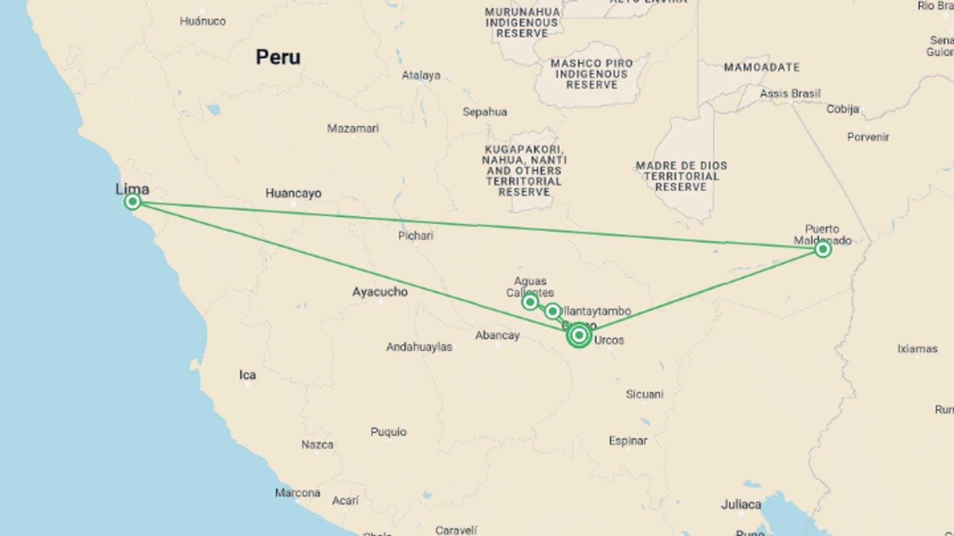 A map showing the tour itinerary for the trip: Peruvian Dream, starting in Cusco, Peru and ending in Cusco, Peru going through 2 other destinations.