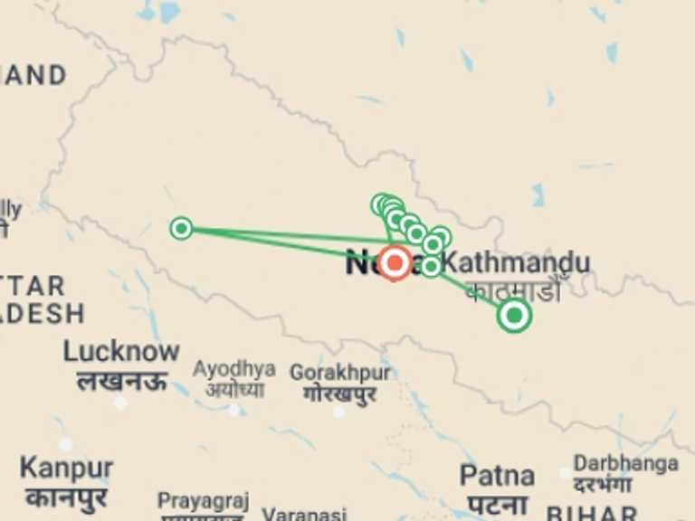 Map of Pokhara Active and outdoor Tour with 12 destination visits for the trip: Annapurna Circuit Trek