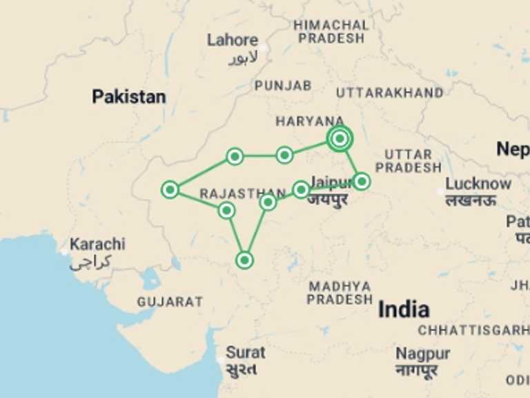 Map itinerary of Asia Tour in October 2026 with 10 destination visits for the trip: Highlights of Royal India - 14 days