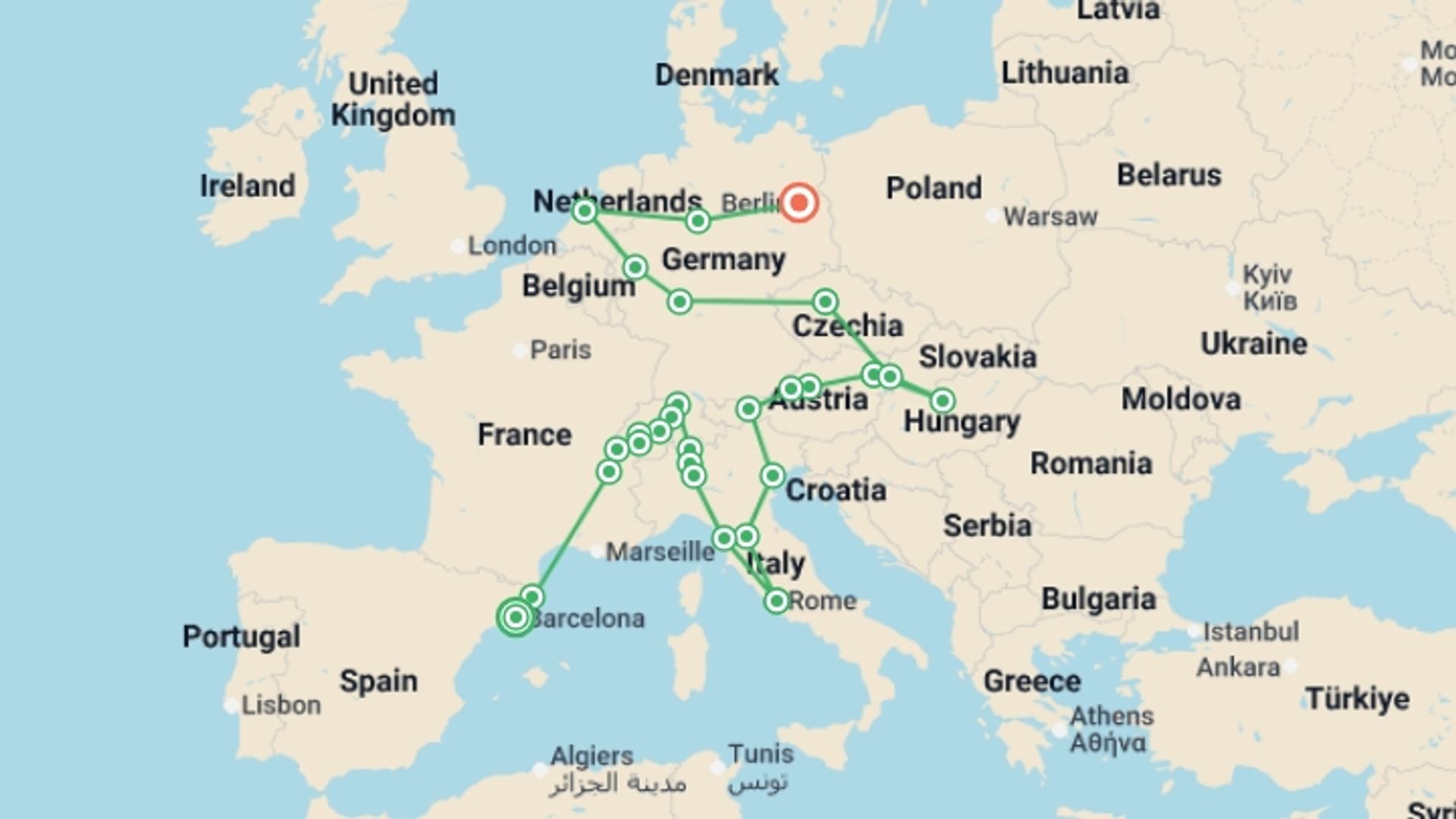 A map showing the tour itinerary for the trip: Colourful Europe, starting in Barcelona, Spain and ending in Berlin, Germany going through 14 other destinations.