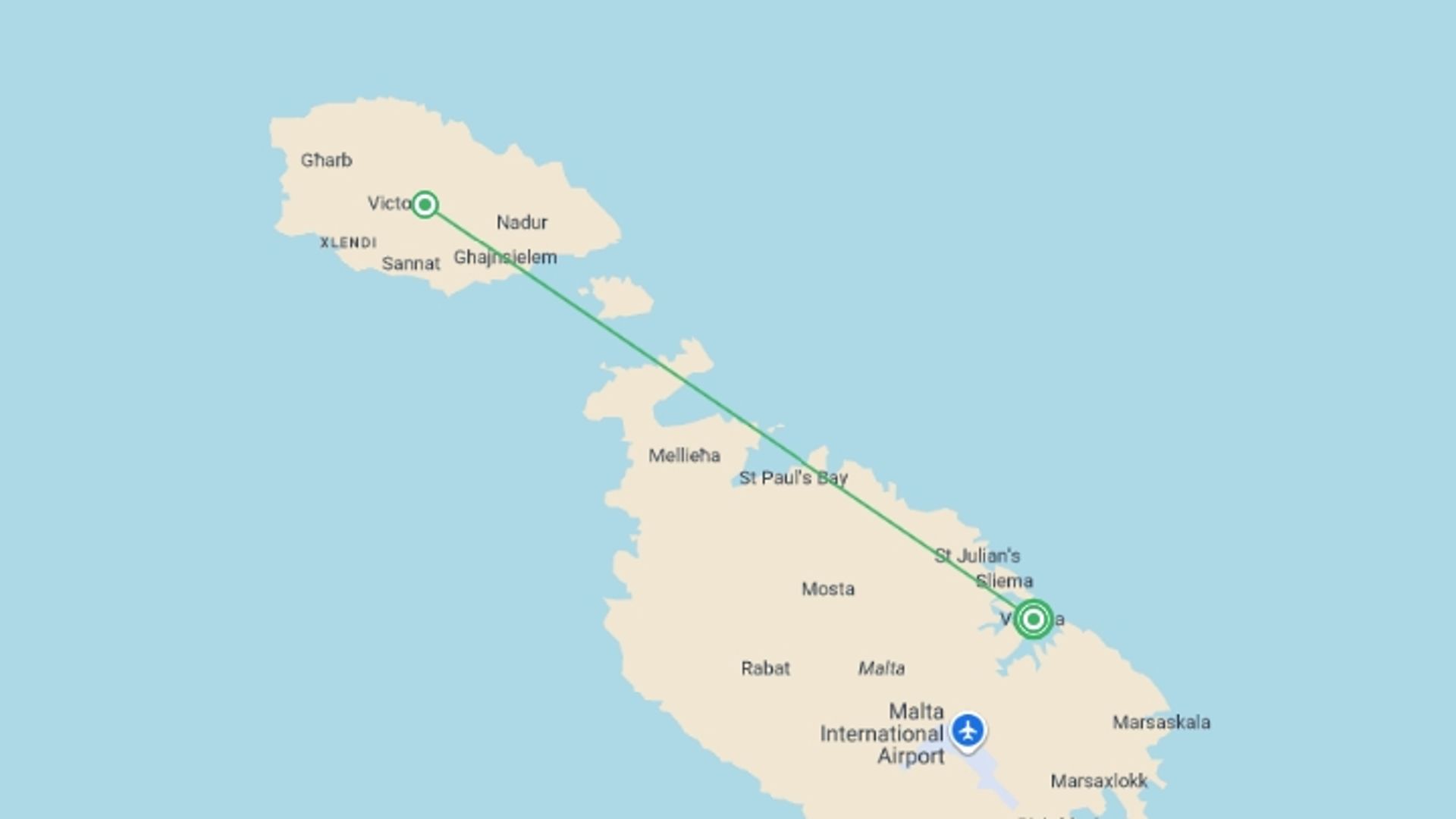 A map showing the tour itinerary for the trip: Highlights of Malta & Gozo, starting in Valletta, Malta and ending in Valletta, Malta going through 2 other destinations.