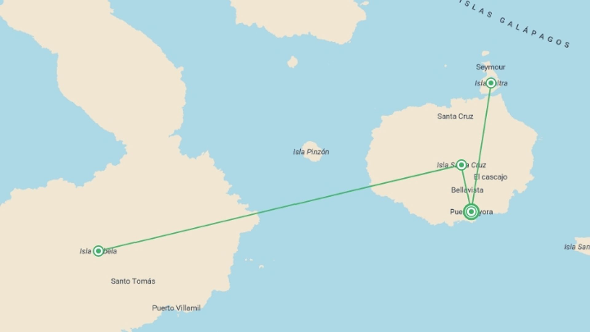A map showing the tour itinerary for the trip: 6-day Galapagos Escape: Volcano Trails & Wildlife Encounters, French-speaking Guide, starting in Puerto Ayora, Ecuador and ending in Puerto Ayora, Ecuador going through 3 other destinations.