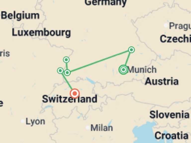 Map of 9-Day Munich Tour with 2 destination visits for the trip: Enchanting Christmas Markets of Germany, Switzerland and France 