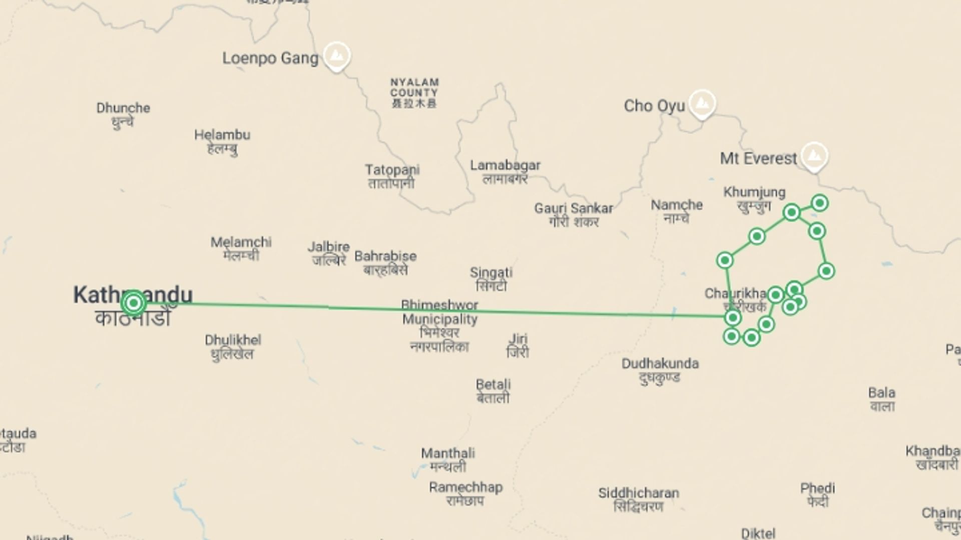 A map showing the tour itinerary for the trip:  Climb Mera & Island Peaks, starting in Kathmandu, Nepal and ending in Kathmandu, Nepal going through 16 other destinations.