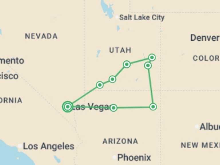 Map itinerary of North America Tour in May 2026 with 8 destination visits for the trip: Deserts and Canyons of the Southwest