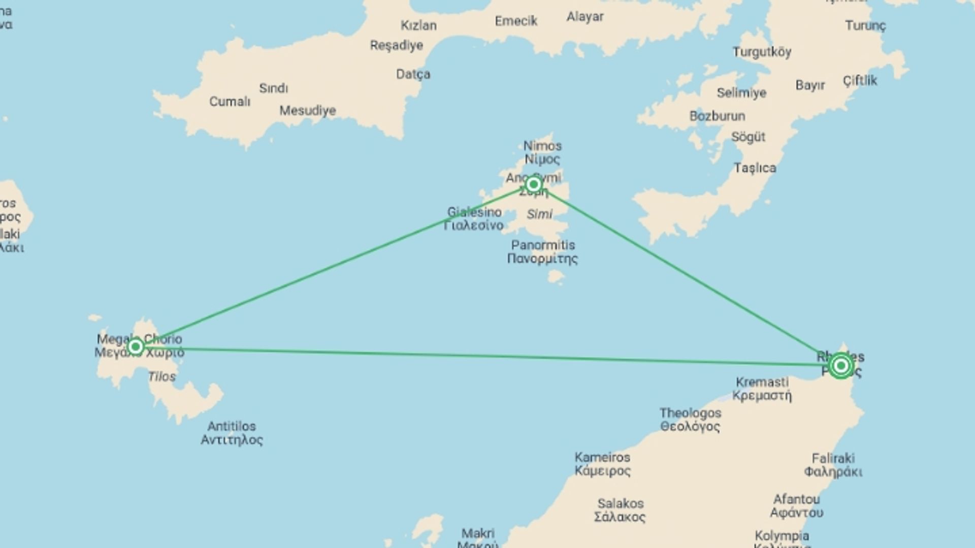 A map showing the tour itinerary for the trip: Hiking Greece's Dodecanese Islands, starting in Rhodes, Greece and ending in Rhodes, Greece going through 2 other destinations.