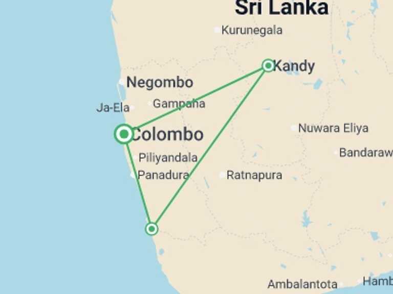 Map itinerary of Sri Lanka Tour in September 2026 with 3 destination visits for the trip: Colombo, Kandy & Beach 4 star - 4 days