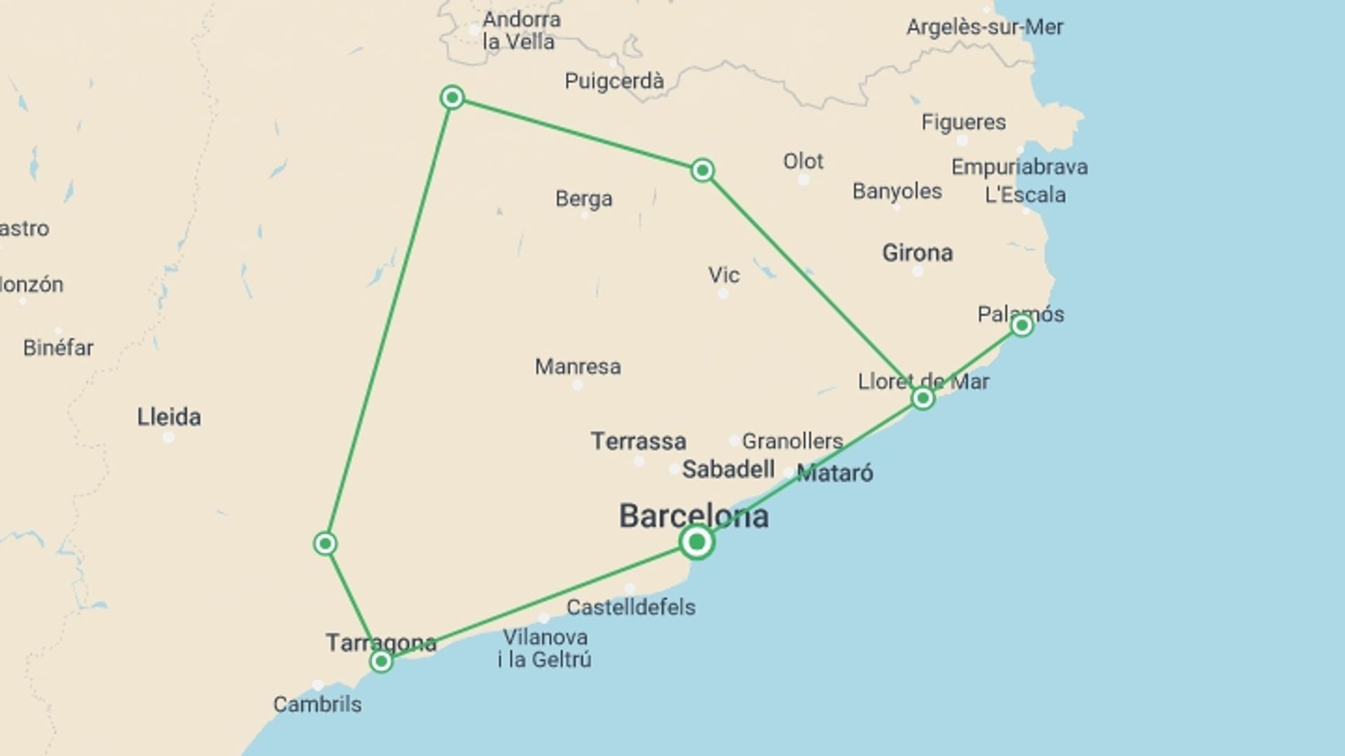 A map showing the tour itinerary for the trip: Best Of Catalonia, Self-drive, starting in Barcelona, Spain and ending in Barcelona, Spain going through 3 other destinations.