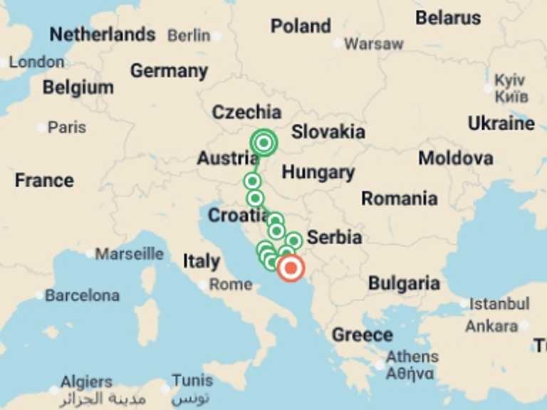 Map itinerary of Balkans Tour in Fall with 8 destination visits for the trip: Vienna and Croatia with Islands