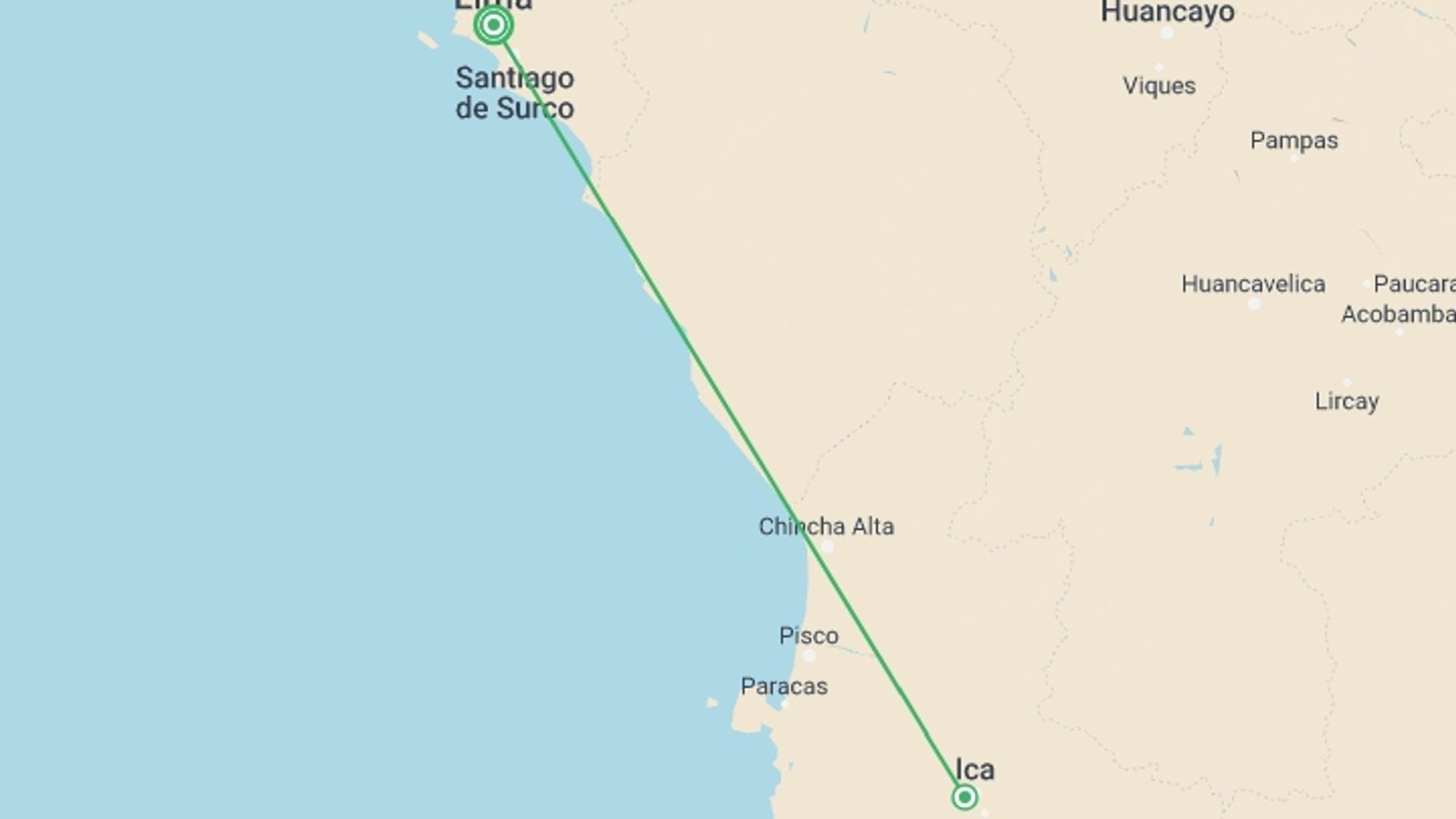 A map showing the tour itinerary for the trip: The Peruvian Coast: Seafood, Sandboarding & Dune Buggies, starting in Lima, Peru and ending in Lima, Peru going through 1 other destinations.