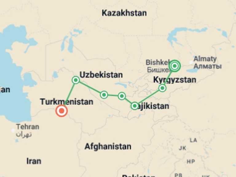 Map of Ashgabat Explorer Tour with 7 destination visits for the trip: Bishkek To Ashgabat (31 Days)