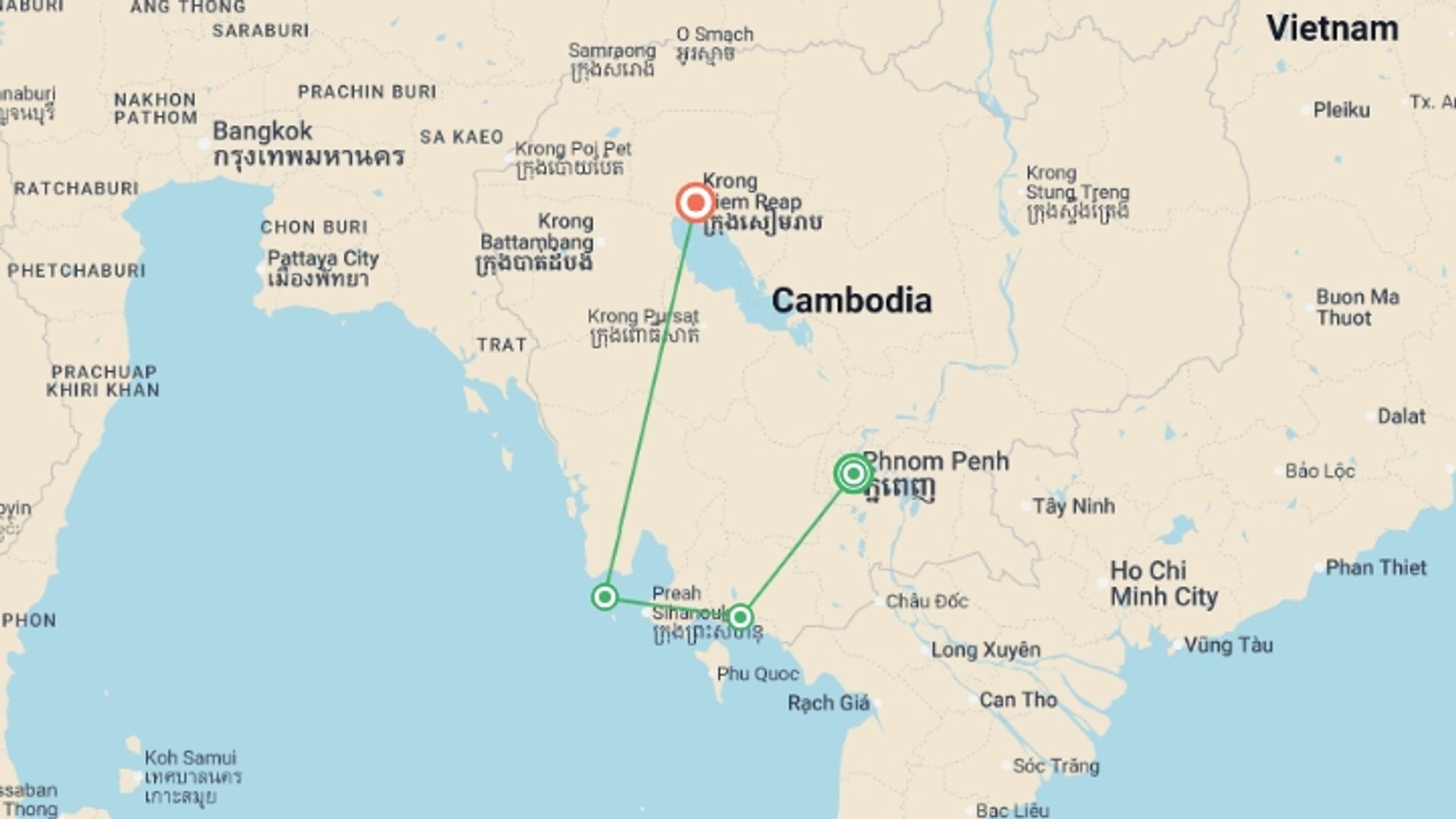 A map showing the tour itinerary for the trip: Cambodia Intro, starting in Phnom Penh, Cambodia and ending in Siem Reap, Cambodia going through 2 other destinations.