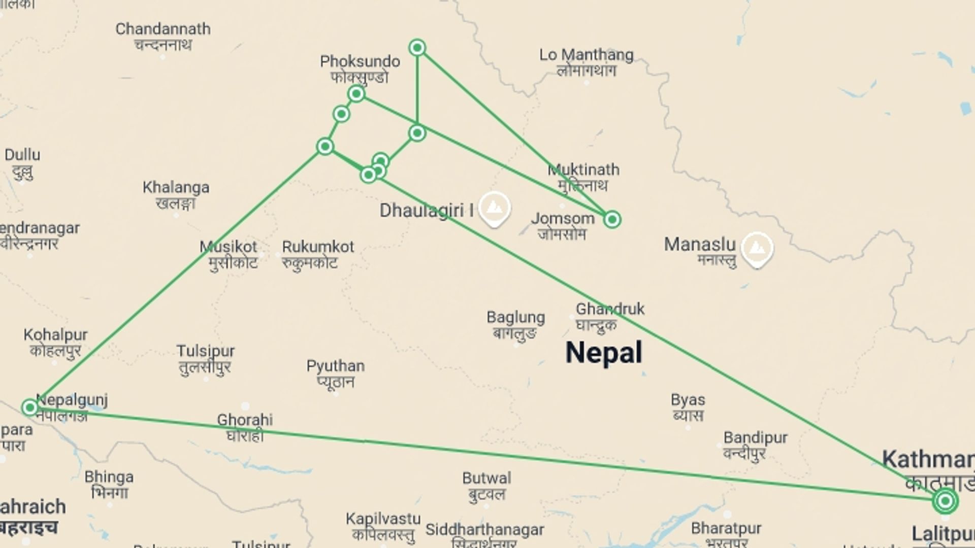 A map showing the tour itinerary for the trip: Lower Dolpo Circuit Trek, starting in Kathmandu, Nepal and ending in Kathmandu, Nepal going through 11 other destinations.