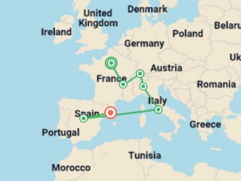 Map of France and Spain Tour with 7 destination visits for the trip: Enchanted Landscapes GO